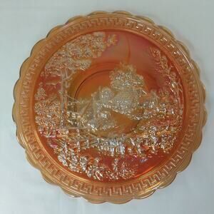 Vintage Imperial Carnival Glass Log Cabin with Creek Cake Plate